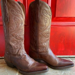 Brown leather cowboy boots